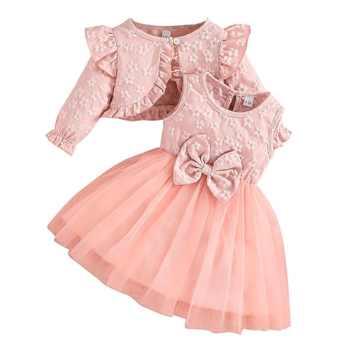 LUVCES Kleinkind Baby Mädchen Bowknot Tutu Kleid und Cardigan Set 2 Stück ärmellosem Tüllkleid mit Blumenmuster und Langarm Cardigan Outfit Rosa 2-3 Jahre