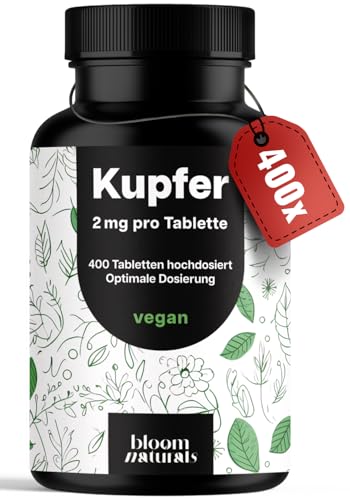 Kupfer Tabletten hochdosiert - 400 Stück mit 2 mg Kupfer-Bisglycinat - Copper, vegan und produziert in Deutschland