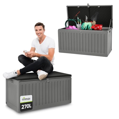 Grindi - Gartenbox Kissenbox Auflagenbox - Cygnus - Dunkelgrau, 270 Liter, 109x51x55 cm - Wassersichere Outdoor Paketbox, Gartenschrank & Truhe, wetterfest für Balkon, Gartenhaus, Geräteschuppen