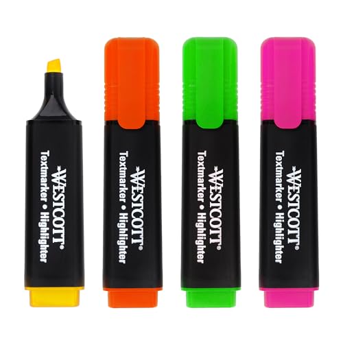Westcott Textmarker 4 Stück in Grün, Gelb, Orange, Pink | 4er Pack Highlighter Marker in leuchtenden Farben | 2-5 mm Strichstärke | Premium Tinte aus Deutschland | E-744249 00