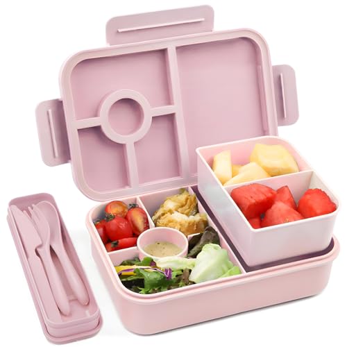 Bugucat Brotdose Kinder mit Fächern 1300ML, Auslaufsicher Lunchbox Kinder, Bento Box mit Besteckset, Brotdose für Erwachsene,Vesperdose Frühstücksbox für Mädchen & Jungen Rosa