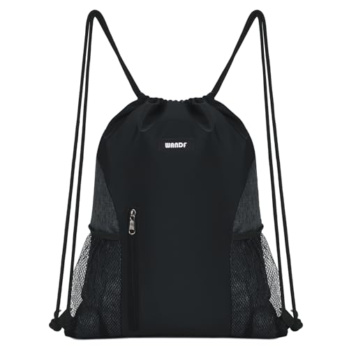 WANDF Kordelzug Rucksack String Bag Wasserabweisende Cinch Bag Nylon Schwimmtasche für Gym Shopping Sport Yoga (Schwarz)