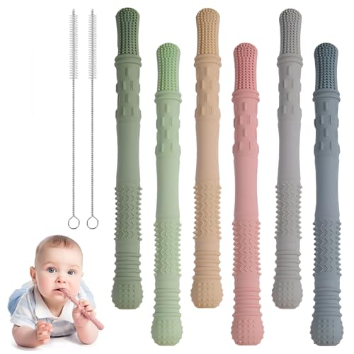 ORAGKE Beißröhrchen Zahnungshilfe Baby, 6 Stück Beißring Silikon BPA-frei, Beißspielzeug, Beißstab, Beißstange mit 2 Reinigungsbürsten, Zahnen Hilfe Greifling Baby Spielzeug 6 monate