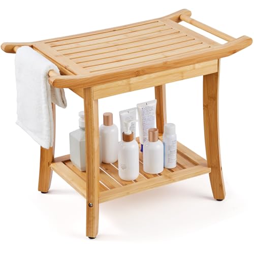 VEVOR Duschhocker Duschbank Badehocker aus Bambus, wasserdichter Duschhocker mit Ablagegriff, 136 kg Tragkraft, Spa-Badesitz-Organizer, für Erwachsene, Senioren, Badezimmerhocker Bad Hocker