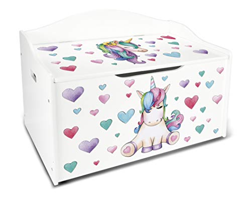 Leomark Kinderbank Hölzerne - Unicorn - Kindertruhenbank, Behälter für Spielzeug, Truhe für Kinderzimmer, Höhe: 46 cm