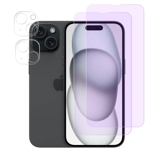 FiiMoo Schutzfolie Kompatibel mit iPhone 15, Anti Blaulicht Schutzfolie + Kamera Schutzfolie [2+2 Stück] [Augenpflege] [Blasenfreie] [Blockiert übermäßiges Schädliches Blaues Licht & UV]