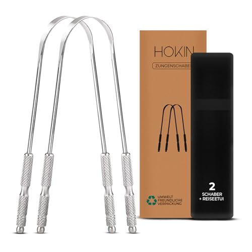 HOKIN Zungenschaber für Erwachsene Zungenreiniger Edelstahl Mundgeruch Bekämpfen 100% Metall Tongue Scraper Cleaner Männer und Frauen Zungenbürste Mundhygiene Produkt (2Pcs Mundpflege Pack)
