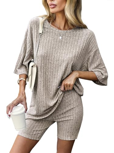 Zetieny Damen Tracksuit Kurzarm Rundhalsausschnitt Einfarbig Zweiteiler Hausanzug Loungewear Outfit Jogger Trainingsanzug Set