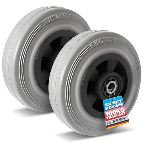 Abrollwerk Set Rad 125 mm Gummi grau-spurlos Rollenlager mit Achszubehör M10 Transportrollen Polypropylen/Vollgummi in PAK 3 Qualität grau mit Rollenlager (2er Set, 2, Stk.)
