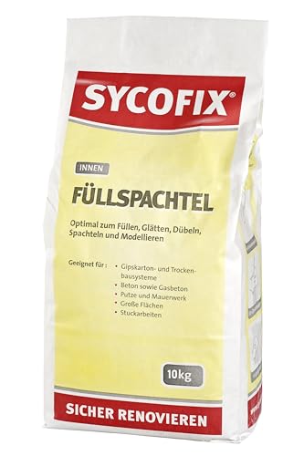 Sycofix Füllspachtel innen 10 kg, Füllen, Glätten, Spachteln, Dübeln und Modellieren, Gipskarton- und Trockenbausystemen, Beton, Putze, Mauerwerk, auch für Stuckarbeiten. Für innen, mit hohem Weißgrad