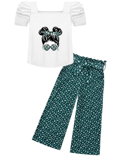 Arshiner Mädchen Tshirt mit Hose Set Kinder Mode Bekleidungssets Blasenärmeliges Oberteil mit Bedruckter Freizeithose Zweiteilig Outfits für Mädchen 11-12 Jahre