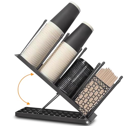 Kaffee Organizer,Einweg-Kaffeetassen-Organizer, Coffee Station Organizer, 4 Fächer, Coffee Bar Einwegbecher-Spender für Kaffeestation, Bar, Arbeitsplatte, Pausenraum, Metall (Schwarz)
