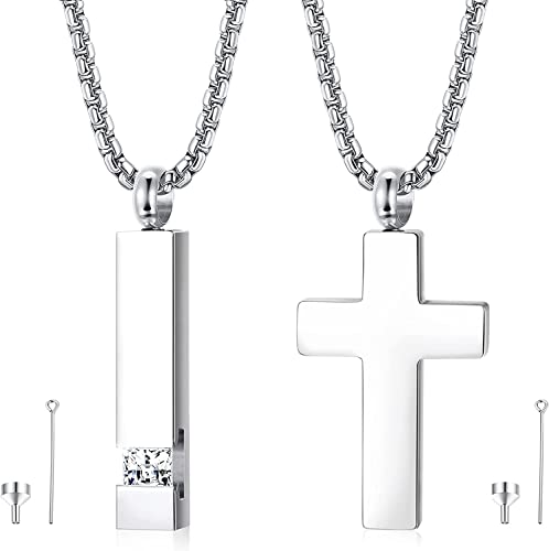 Milacolato 2 Stück Urnen Halsketten für Asche Feuerbestattung Memorial Edelstahl Kreuz Würfel Anhänger mit Zirkonia Intarsien Andenken Halskette Länge 56CM