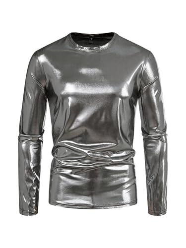FEESHOW Herren Glitzer Shirt Metallic Langarmshirt Glänzend Tshirt Slim Fit Metallic Kostüm Tanz Disco Fasching Party Clubwear Grau M