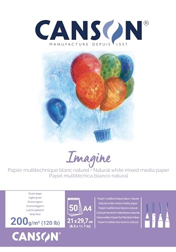 CANSON Imagine, Mixed Media Papier, leichte Körnung, 200 g/m², an der kurzen Seite geleimter Block, DIN A5, 14,8 x 21 cm, Naturweiß, 50 Blatt