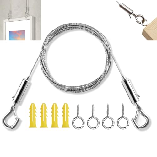 Drahtseil Rankhilfe Set, 5m Edelstahl Draht Seil, Drahtseil mit 2 Haken und 4 Schrauben, Einstellbar Stahlseil Seilaufhängung, Vorhang Drahtseil, Bilder Aufhängen Seil, für Gardinen,Bilder, Lampe