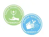 Resorti Aufkleber 2er Set Symbol für Hygienehinweis (Hände waschen & Hände desinfizieren)