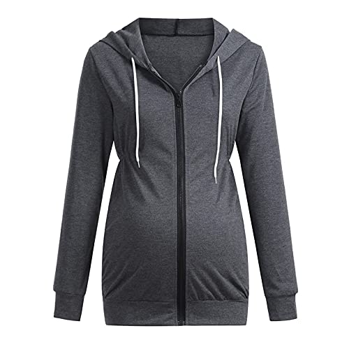 Schwangerschafts-Sweatshirt für Damen, lässiger Kapuzenpullover, langärmelig, mit Taschen, Reißverschluss, Umstandsbluse, Umstandsbluse, Umstands-Oberteil, dunkelgrau, XL