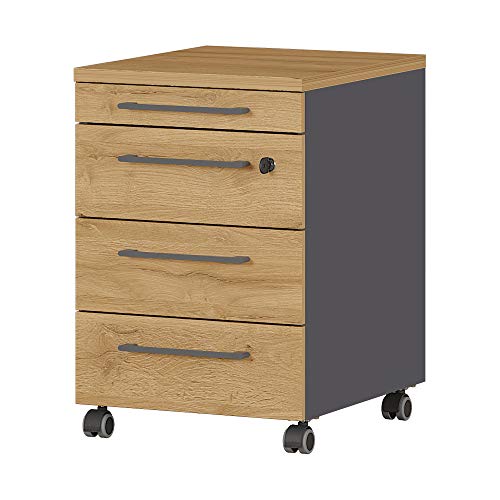 GERMANIA DIE MÖBELMACHER Rollcontainer mit Vier Schubladen, Utensilienfach, feststellbare Laufrollen, in Graphit/Eiche, 42 x 61 x 40 cm (BxHxT)