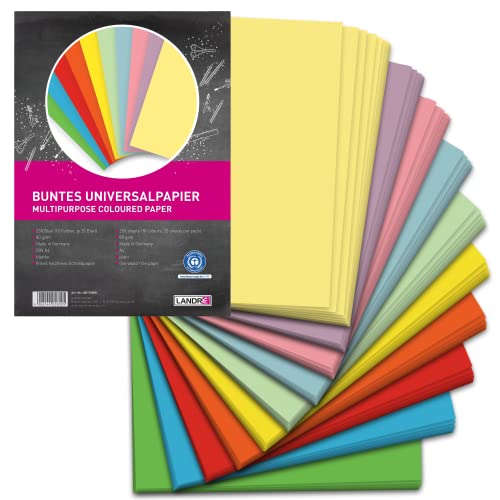 Landré 250 Blatt A4 buntes Universal-Papier, 80g/m², Drucker-Papier, 10 Farben