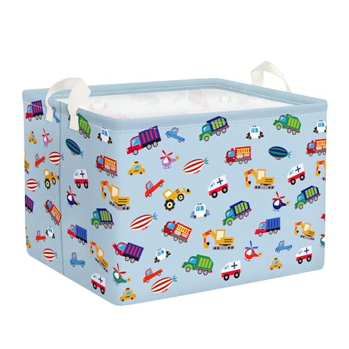 Clastyle Blau Fahrzeug LKW Junge Würfel Aufbewahrungskorb für Babyzimmer Bagger Auto Wasserdicht Rechteckig Stoff Regalkörbe Kleidung Spielzeug Kinder Aufbewahrungsbox, 40x30x30 cm