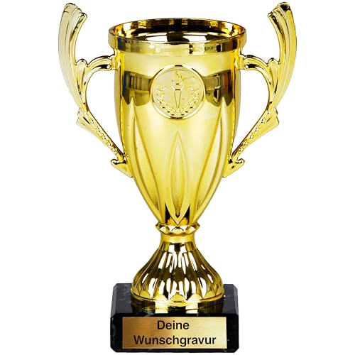 Pokal mit Gravur, Größe 17 cm, Kleine Trophäe für Kinder, Fußball, Tennis, Handball & Volleyball | Perfekt für Kindergeburtstage & Turniere, echter Marmorsockel