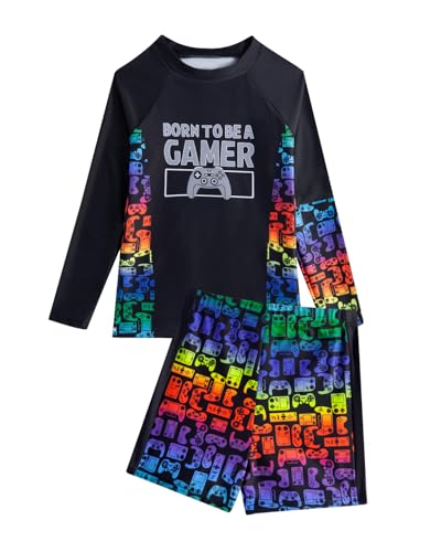 JiAmy Jungen Badekleidung Sets, Stylischer Druck UV-Schutz Langarm-Shirt und Badehose Zweiteiliger Kinder Badeanzug für 8-9 Jahre, Schwarz (Etikette:8Y)