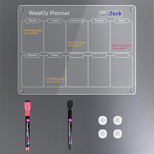XTDMJ Magnetischer Stundenplan aus Acryl,Acrylic Transparent Kühlschrank Kalender-Wochenplaner Kühlschrankkalender Planner mit 2 Aquarellstifte und Tafelradiergummis 40×30cm