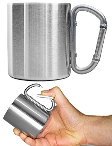 Outdoor Saxx - Camping-Tasse, Outdoor-Becher, Metall-Becher, 200 ml mit geschraubtem Karabiner-Griff, Edelstahl, Wandern, Trekking, Arbeit, silber
