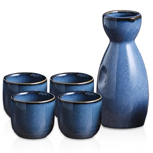 Liwein Sake Set,5-teilig Handbemalt Japanisch Kirschblüte Sake Becher Warm Wein Topf Traditionellektassen Weingläser Basteln Geschenk(Sternenhimmel)