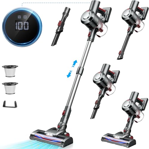 KLiHD Akku Staubsauger Kabellos: 450W/38000Pa mit LED Display Bis zu 55Mins Laufzeit Anti-Tangle-Staubsauger Stielstaubsauger für Tierhaare Hartböden Teppich