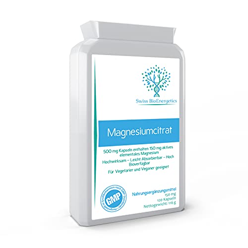 Magnesiumcitrat, 500 mg, 120 Kapseln – Bereitstellung von 150 mg aktivem elementarem Magnesium – hohe Wirksamkeit – leicht resorbierbar – hoch bioverfügbar – hergestellt in Großbritannien