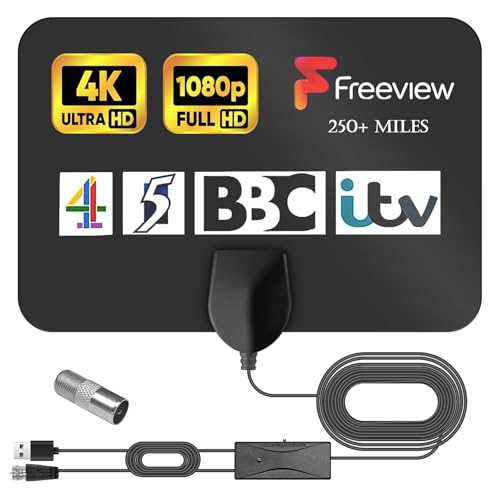 Zimmerantenne DVB-T2 mit Verstärker, Zimmerantenne für Fernseher, DVB-T2 Antenne, TV Antenne, Verbessertes Signal, 5M Koaxialkabel Unterstützt 4K 1080P Kostenlose Kanäle für TV/Radio Lokale TV-Kanäle