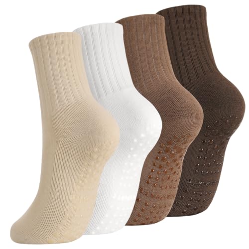 Utensilsto 4 Paare Pilates Socken Yoga Socken Rutschfest Stoppersocken Damen Anti Rutsch Socken Grip Socks für Pilates Barre Ballett Tanz Fitness Trampolin 35-39