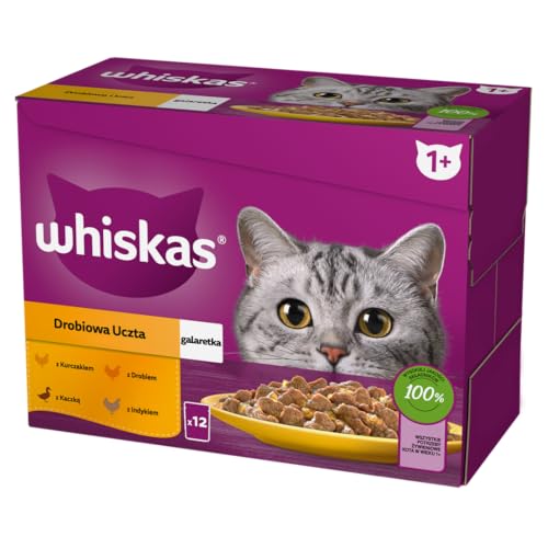 WHISKAS Mahlzeit für Katzen – 48 Frischebeutel (4 Packungen mit 12 x 85 g) – Festins mit Geflügel (4 Sorten) – Nassfutter für ausgewachsene Katzen in Gelee, Nassfutter, auch für sterilisierte Katzen