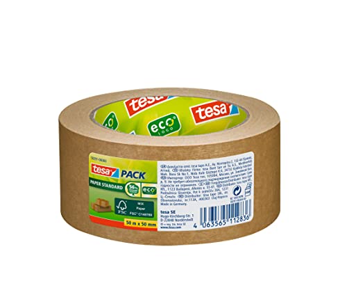 tesa Papier Standard - Umweltschonendes Paketband aus Papier, 56% biobasiertes Material - Effizient und recyclingfreundlich - Braun - 50 m x 50 mm