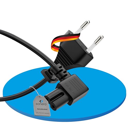 sonero Stromkabel Netzkabel 2 Polig, 1.00m, Eurostecker Typ C Netzstecker auf IEC Buchse C7 Euro 8 Stecker, 90° Winkel Netzteil Strom Kabel für TV, PS5, PS4, PS3, Haushaltsgeräte, schwarz