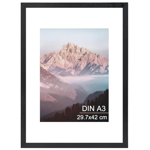OMISHE Massivholz Bilderrahmen A3 29,7x42 cm, Schwarzer Bilderrahmen DIN A3 mit A4 Passepartout und Plastikhülle, Holz A3 Rahmen für Wand, Schwarz, 1 Pack