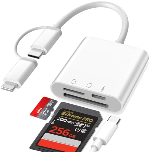 SD Kartenleser für iPhone iPad, Lightning USB C SD Karten Adapter für SD/Micro SD/USB C Gleichzeitiges Laden, SD Karten Adapter für iPhone Typ C Kartenleser für iPad/MacBook/Laptop-Plug and Play
