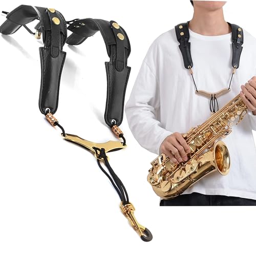 JIAMIAN Saxophon-Schultergurt, Universal Doppel-Schultergurt aus Leder für Saxofon, Saxophongurt aus Leder mit Verbreiterte Schulterpolster und Verstellbare Schnalle für Jeden Saxophonisten (golden)