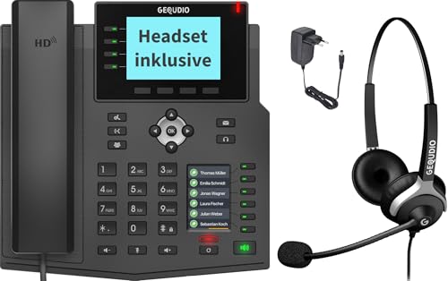 GEQUDIO IP Telefon GX5+ Set mit Netzteil & 2-Ohr Kabel-Headset - Fritzbox, Telekom kompatibel - Freisprechen & 2X Farbdisplays – Deutsche Anleitung (PDF) für Fritz Box, Sipgate, Telekom Speedport