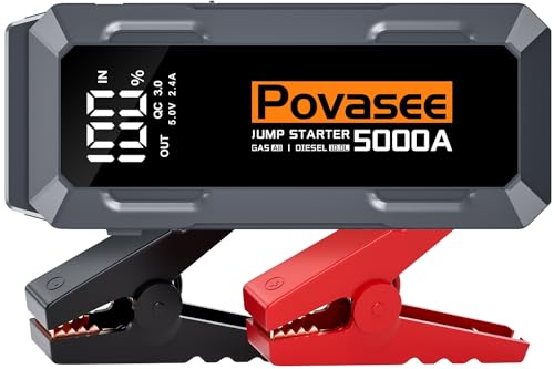 Povasee Starthilfe Powerbank, 5000A Starthilfe (bis zu Alle Benzin/10L Diesel) mit 3 Zoll LCD-Display, Starthilfe Auto mit 2 USB-Ausgängen, Starthilfekabel und LED, Jump Starter für 12V Fahrzeuge