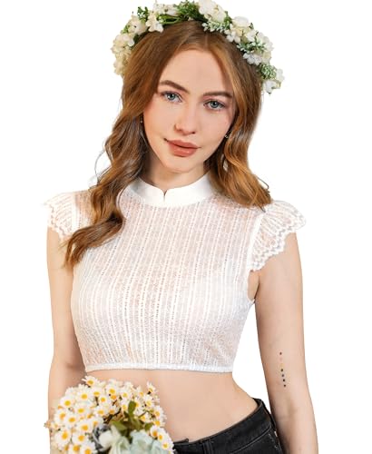 DIRNDLSTERN Bluse Damen Weiß - Dirndlbluse Spitze Dirndlblusen Hochgeschlossen Flügelärmel Trachtenblusen Vertikale Streifen Elegant 36