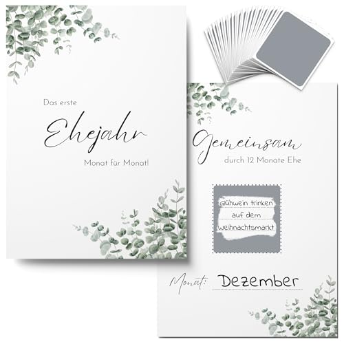 12x Rubbelkarten Euer Erstes Ehejahr - Gutscheinkarten als kreatives Hochzeitsgeschenk für unvergessliche Momente (Eukalyptus)