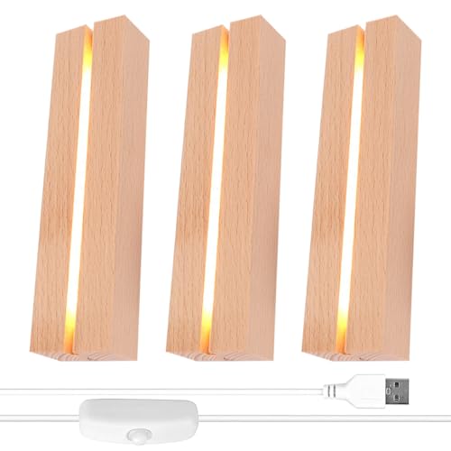 Afenau LED Lichter Display Basis, 3 Stück LED Sockel für Acrylglas, LED Holzsockel, Rechteckige Lampensockel Holz, USB LED lichtsockel für 5mm Dicke Acryl Platte Glasblock Harz (Warm)