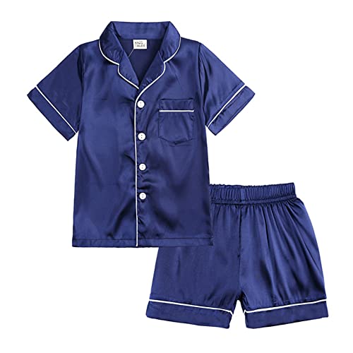 Schlafanzug für kleine Babys, Mädchen, Jungen, Satin, Seide, Kinder, kurze Ärmel, Nachtwäsche, Pyjamas, 2-teilig, mit Knöpfen, klassische Loungewear-Shorts Schlafanzug Mädchen Warm (Blue, 10-11 Years)