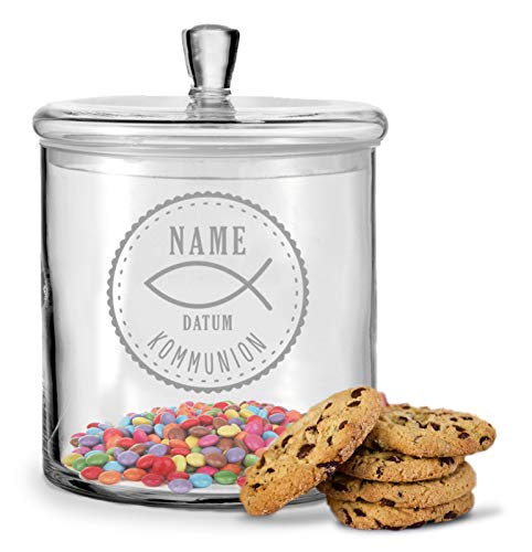 GRAVURZEILE Leonardo Keksglas mit Gravur - Keksdose Bonbonglas mit Deckel - Personalisiert mit Namen & Datum - Geschenk zur Kommunion, Konfirmation & Firmung Farbe Kommunion