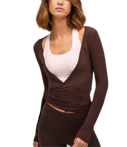Frauen Y2k Ballett Wrap Top Langarm Tiefer V-Ausschnitt Slim Fit Yoga Pilates Ballet Workout Tops Frühling Kleidung (A-Coffee, S)