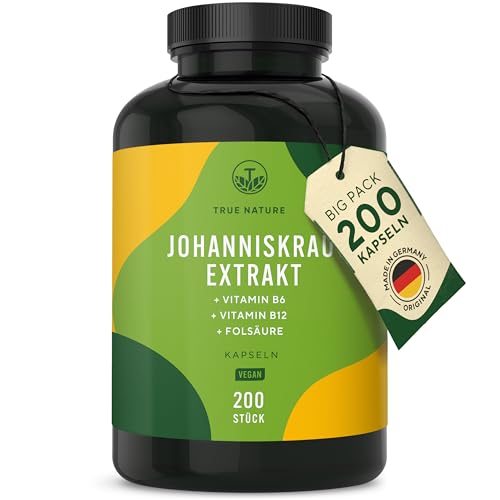 Johanniskraut Kapseln hochdosiert - 200 Kapseln mit Vit. B6 (trägt zu einer normalen psychischen Funktion bei) sowie Folsäure & B12 - natürliches Hypericin & Hyperforin - Made in Germany - TRUE NATURE