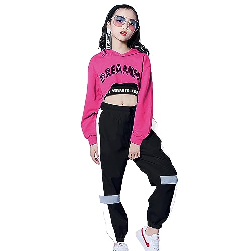 LOLANTA 3-teiliges Outfit für Mädchen, bauchfrei, mit Kapuze, Tank-Top, Jogger, Hose, Hip-Hop, Jazz-Streetance, Skateboard-Kleidung, Pink, 8-10